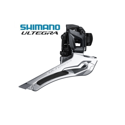 Shimano Ultegra FD-R8000 framväxel för 2x11 växlar visas mot en vit bakgrund. Den silvriga och svarta komponenten presenteras i detalj med subtila skuggor och ljusreflektioner.