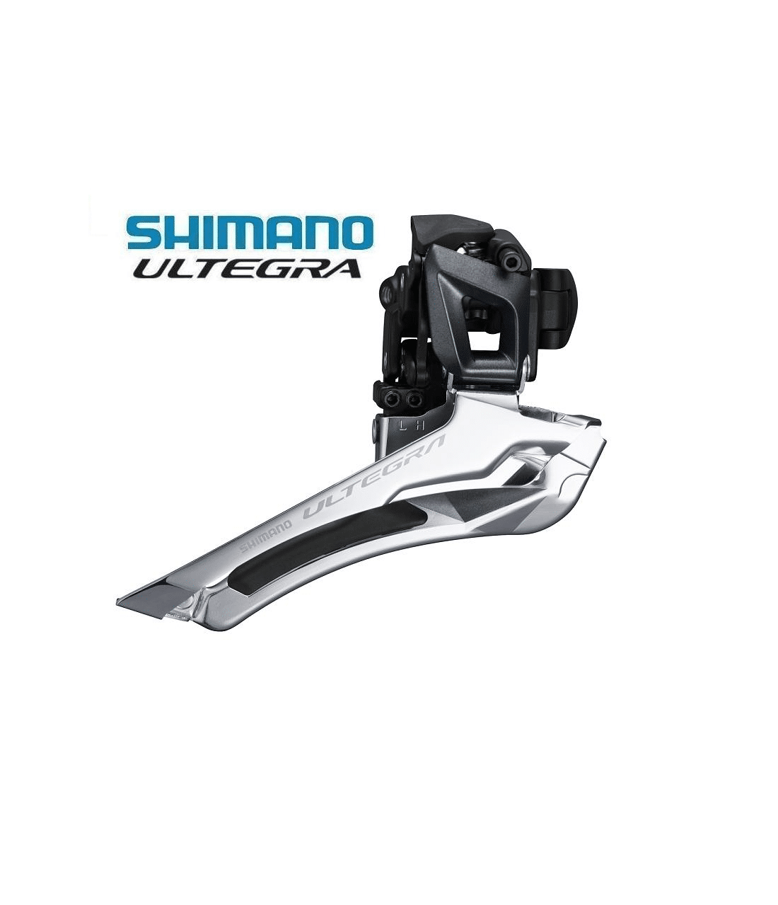 framvaxel-shimano-ultegra-fd-r8000-klamma.png Shimano Ultegra FD-R8000 framväxel för 2x11 växlar visas mot en vit bakgrund. Den silvriga och svarta komponenten presenteras i detalj med subtila skuggor och ljusreflektioner.