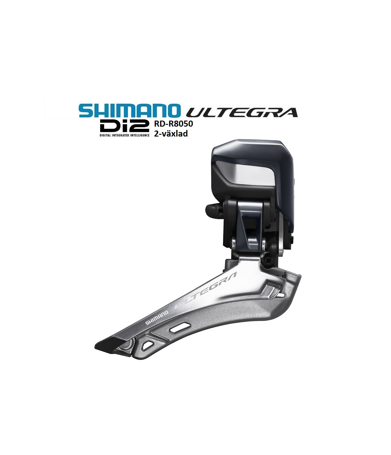 framvaxel-shimano-ultegra-fd-r8050f-di2.png Detaljerad bild av en Shimano Ultegra Di2 FD-R8050F framväxel, 2x11s. Den silverfärgade växeln visas mot en ljus bakgrund, vilket framhäver dess komponenter och märkning.