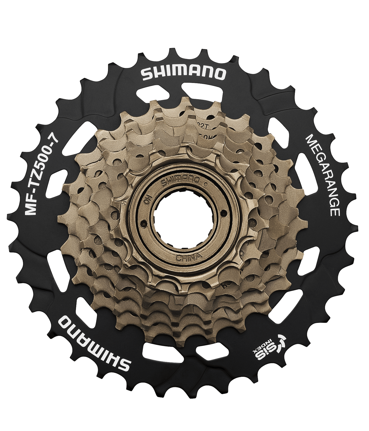 frikrans-shimano-tz500-7.png Närbild av ett Shimano MF-TZ500 7-växlat frikrans. Detaljerad bild med fokus på kuggar och text, inklusive "Shimano", "Megarange", och "MF-TZ500-7". Neutral belysning framhäver komponentens detaljer.