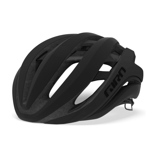 Hjälm Giro Aether Spherical är en svart, aerodynamisk cykelhjälm med flera ventilationsöppningar och en Giro-logotyp på sidan, som visas på en vit bakgrund.
