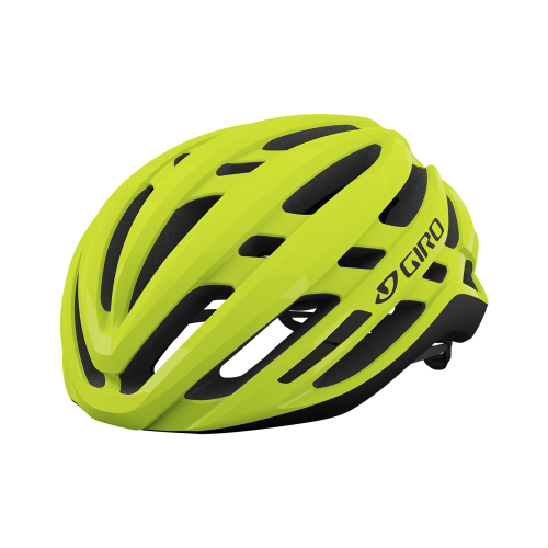 Denna knallgula Giro Agilis Mips cykelhjälm framhävs i studioljus, dess aerodynamiska design och ventilationshål skapar dynamik. Perfekt skydd och stil för alla cykeläventyr.
