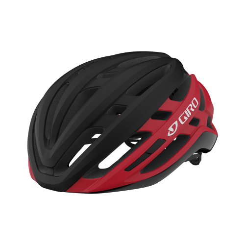 Cykelhjälm Giro Agilis Mips i svart och rött, elegant design med bra ventilation. Hjälmen har en distinkt Giro-logotyp och syns bra i ljuset. Perfekt för cykling.