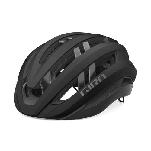 Den svarta Giro Aries Spherical MIPS cykelhjälmen med sin aerodynamiska design och ventilation. Perfekt belysning framhäver detaljer och den snygga finishen i den svarta designen.