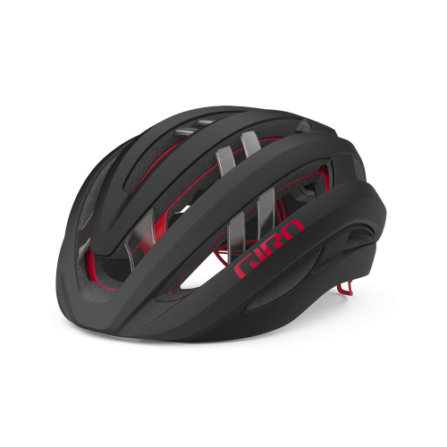 Den svarta Giro Aries Spherical MIPS-hjälmen, accentuerad med rött, visas i en detaljerad produktbild. Starkt ljus framhäver dess aerodynamiska design och innovativa säkerhetsfunktioner. Perfekt för cyklister som värdesätter säkerhet och stil.