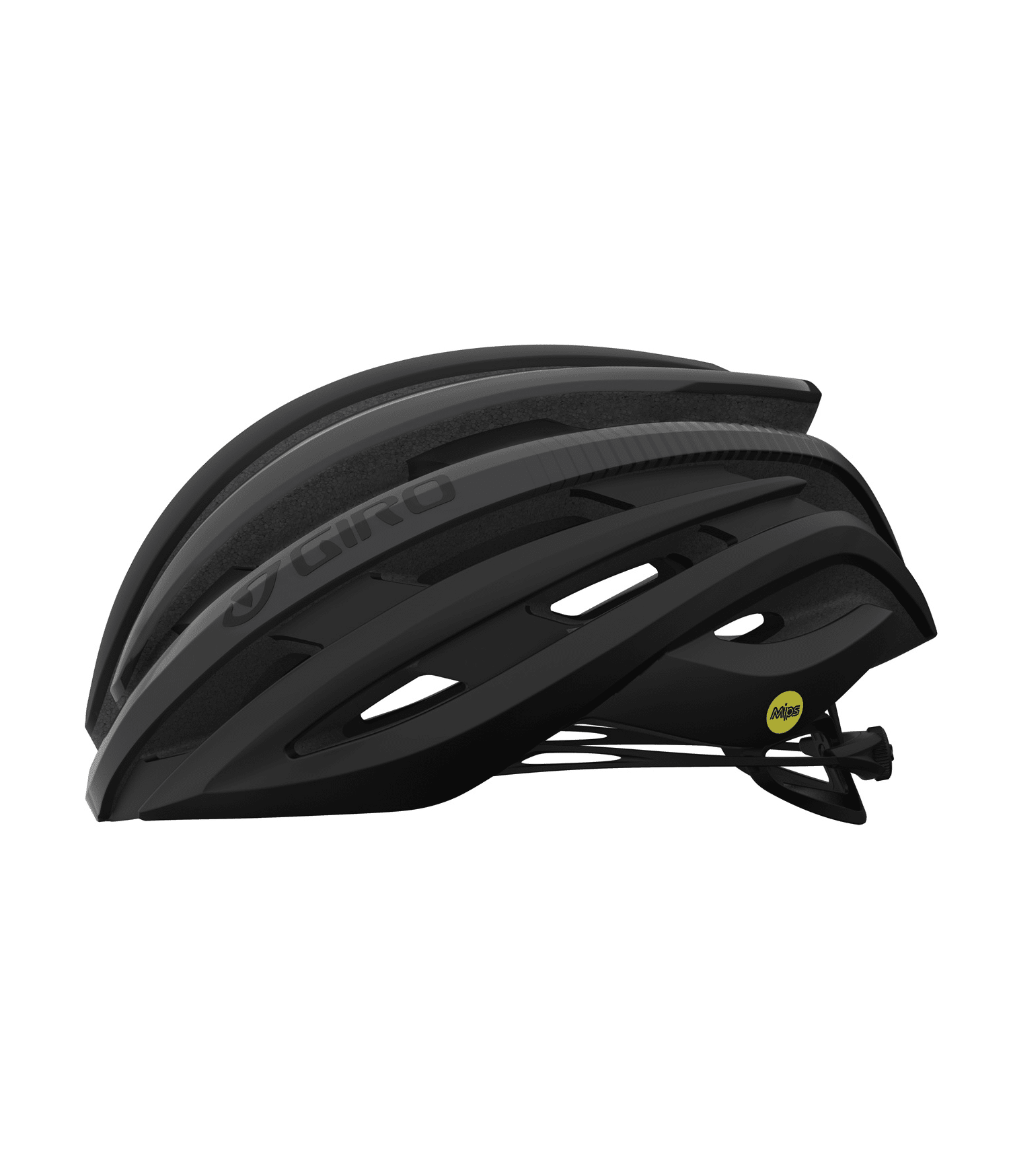 giro-cinder-mips.png En svart och grå Hjälm Giro Cinder Mips cykelhjälm med ventilationshål och en strömlinjeformad sidoprofil, med ett gult MIPS säkerhetssystem-klistermärke nära baksidan.