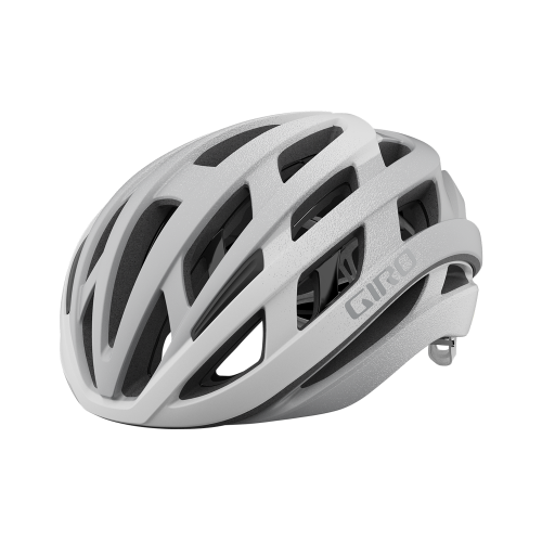 Vit Giro Helios Spherical MIPS-hjälm med mörka ventilationsöppningar. Den har en matt finish och bra detaljrikedom. Studiofotografering i en ljus och ren miljö.
