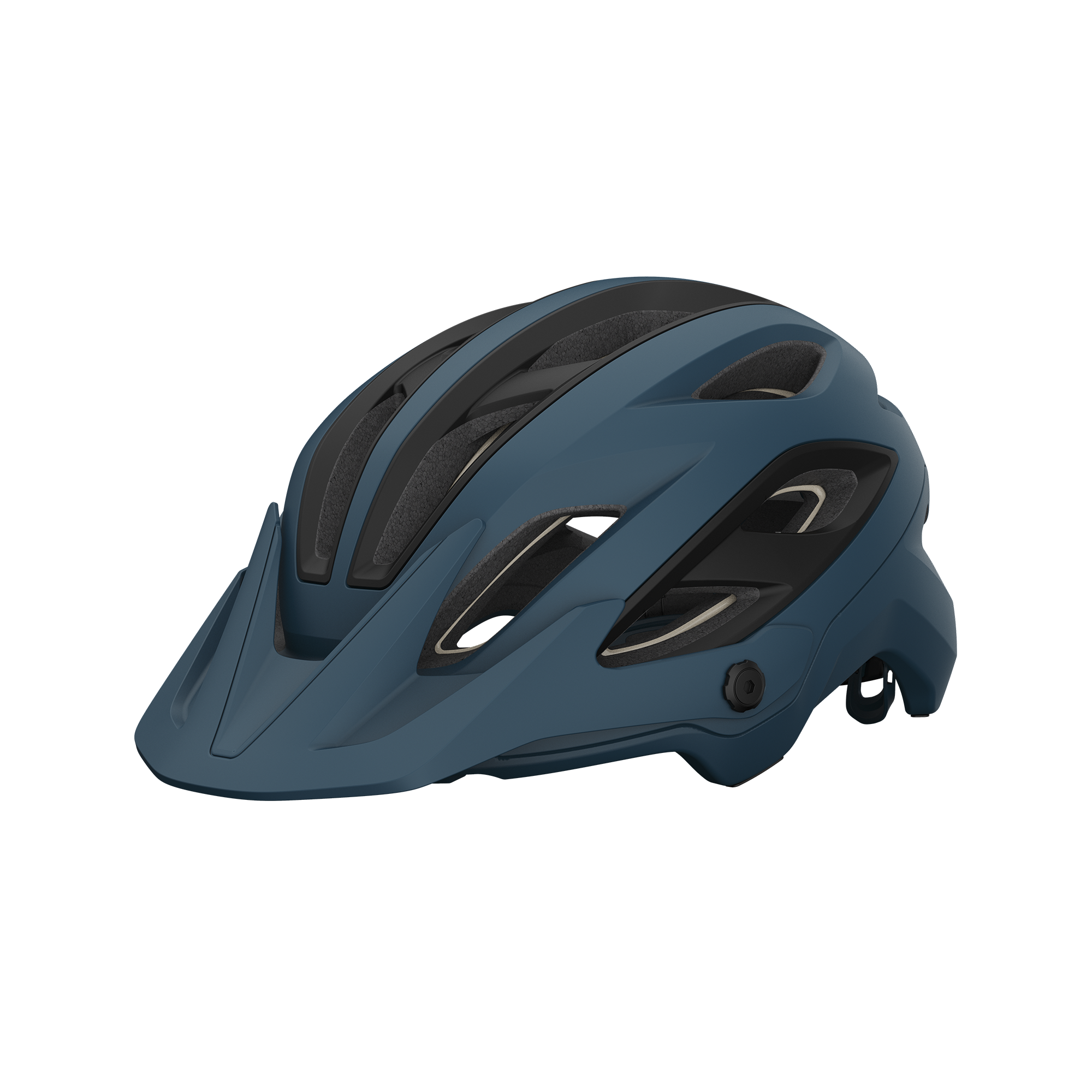 giro-merit-spherical-dirt-helmet-matte-harbor-blue-hero En blå Giro Merit Spherical MIPS-cykelhjälm visas i detalj. Ljuset framhäver designen och de många ventilationshålen. Hjälmen har en avtagbar skärm och tydliga MIPS-funktioner.