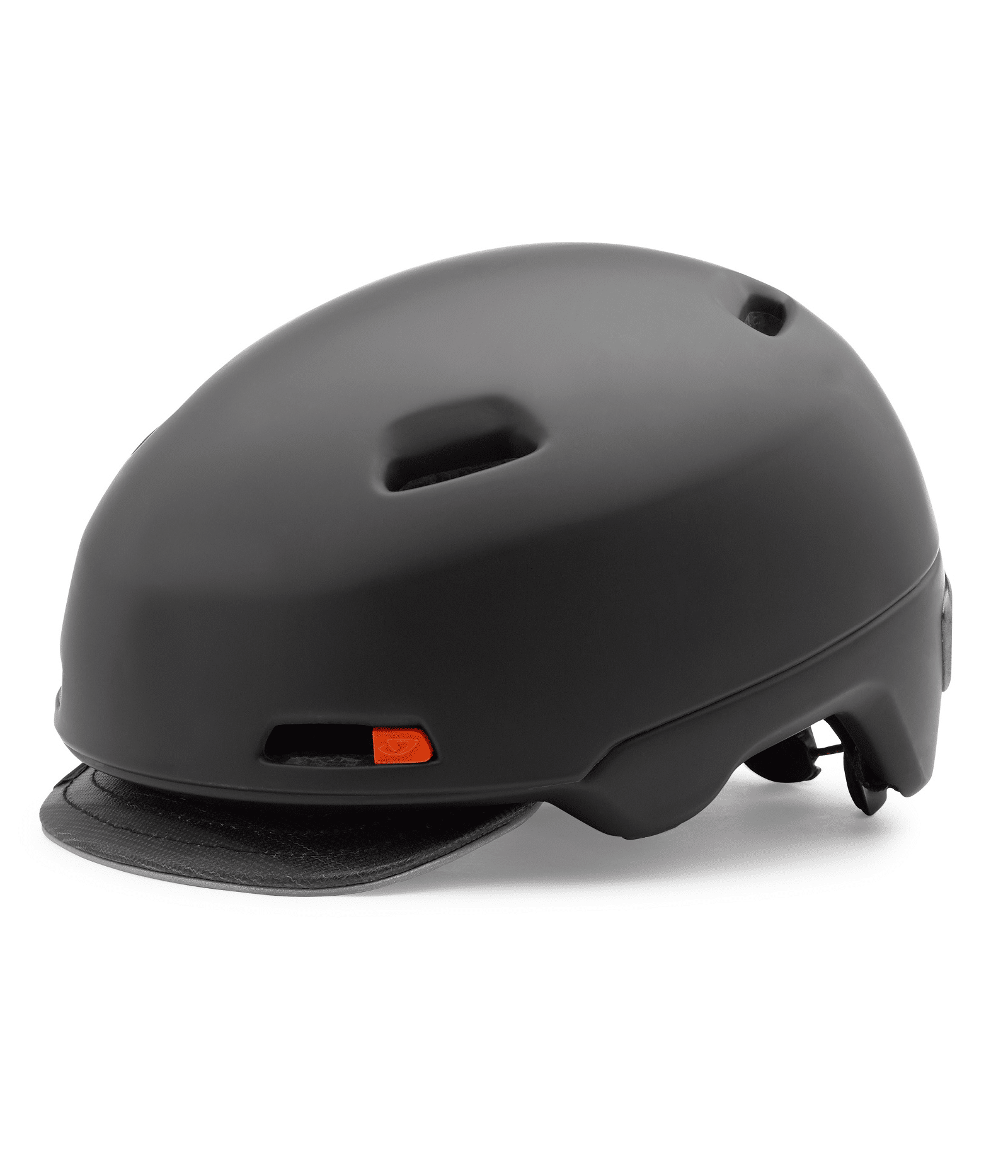 giro-sutton-mips.png En mattsvart Hjälm Giro Sutton Mips-hjälm med flera ventilationshål, ett kort svart visir och en orange accent på sidan.