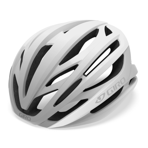 En vit Giro Syntax Mips cykelhjälm med flera svarta ventilationsöppningar, sedd framifrån/från sidan mot en vit bakgrund.