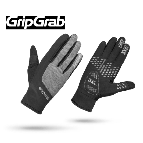 GripGrab Hurricane Women cykelhandske visas i svart och grått; den ena handsken har en texturerad handflata med grepp-prickar och gelvaddering, medan den andra har en slät baksida med GripGrab-logotypen ovanför.