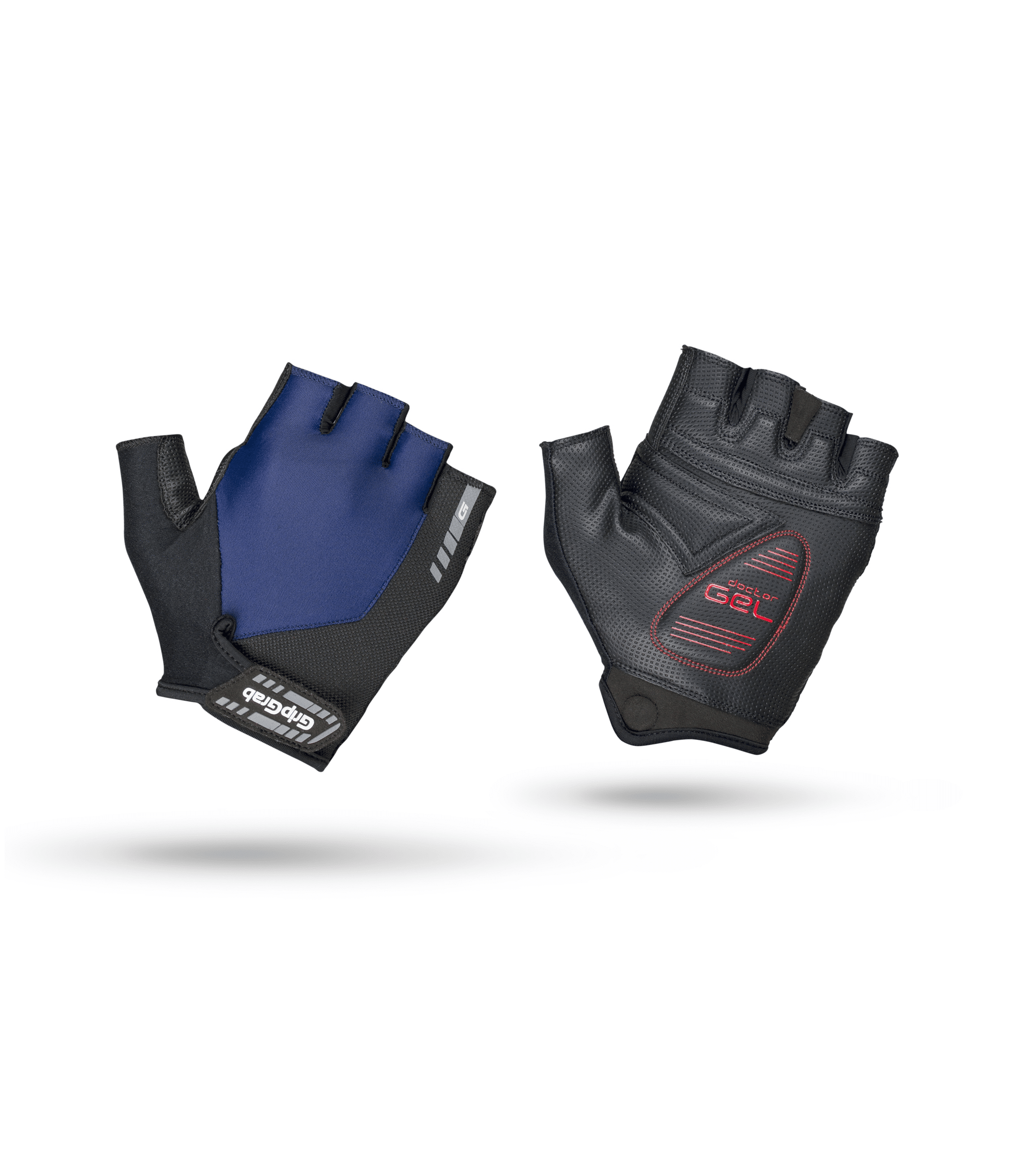 gripgrab-pro-gel-bla-p.png Ett par GripGrab Pro Gel blå fingerlösa cykelhandskar, den ena i blått och svart och den andra svart med röd gelvaddering, visas sida vid sida mot en vit bakgrund.