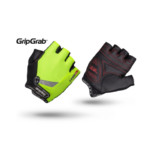 Ett par GripGrab Pro Gel Hi-Vis fingerlösa cykelhandskar: den ena med handflatan uppåt i svart med röda detaljer, den andra med baksidan uppåt i Hi-Vis gulgrönt med svart kant och reflekterande detaljer, visas flytande på en vit bakgrund.