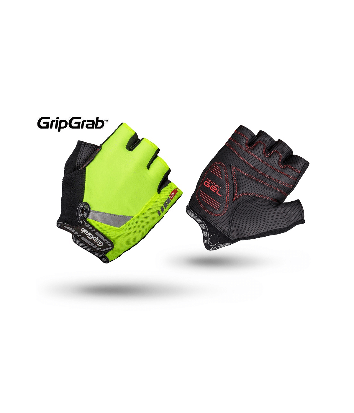 gripgrab-pro-gel-hi-vis.png Ett par GripGrab Pro Gel Hi-Vis fingerlösa cykelhandskar: den ena med handflatan uppåt i svart med röda detaljer, den andra med baksidan uppåt i Hi-Vis gulgrönt med svart kant och reflekterande detaljer, visas flytande på en vit bakgrund.