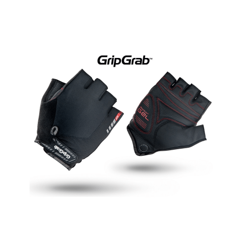 Två svarta GripGrab Pro Gel cykelhandskar med halvfinger visas mot en vit bakgrund, där den ena visar handflatan och den andra baksidan. Namnet "GripGrab" visas ovanför handskarna.