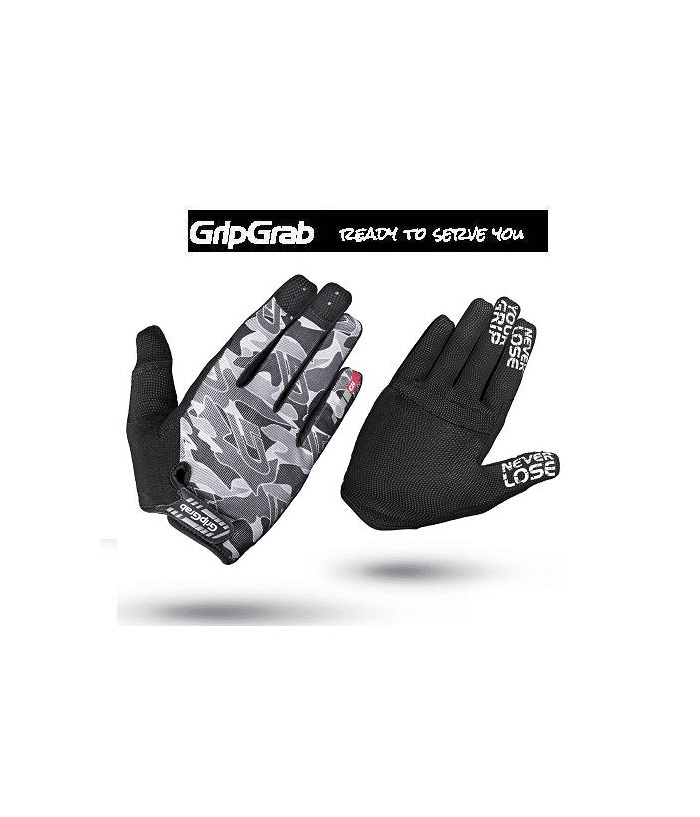 gripgrab-rebel-grey-camo.png Ett par GripGrab Rebel Grey Camo handskar - en med handflatan uppåt och en med handflatan nedåt - har en svart och grå camo-design och texten "NEVER LOSE GRIP" på pekfingret. Ovanför visas GripGrab-logotypen med texten "READY TO SERVE YOU.