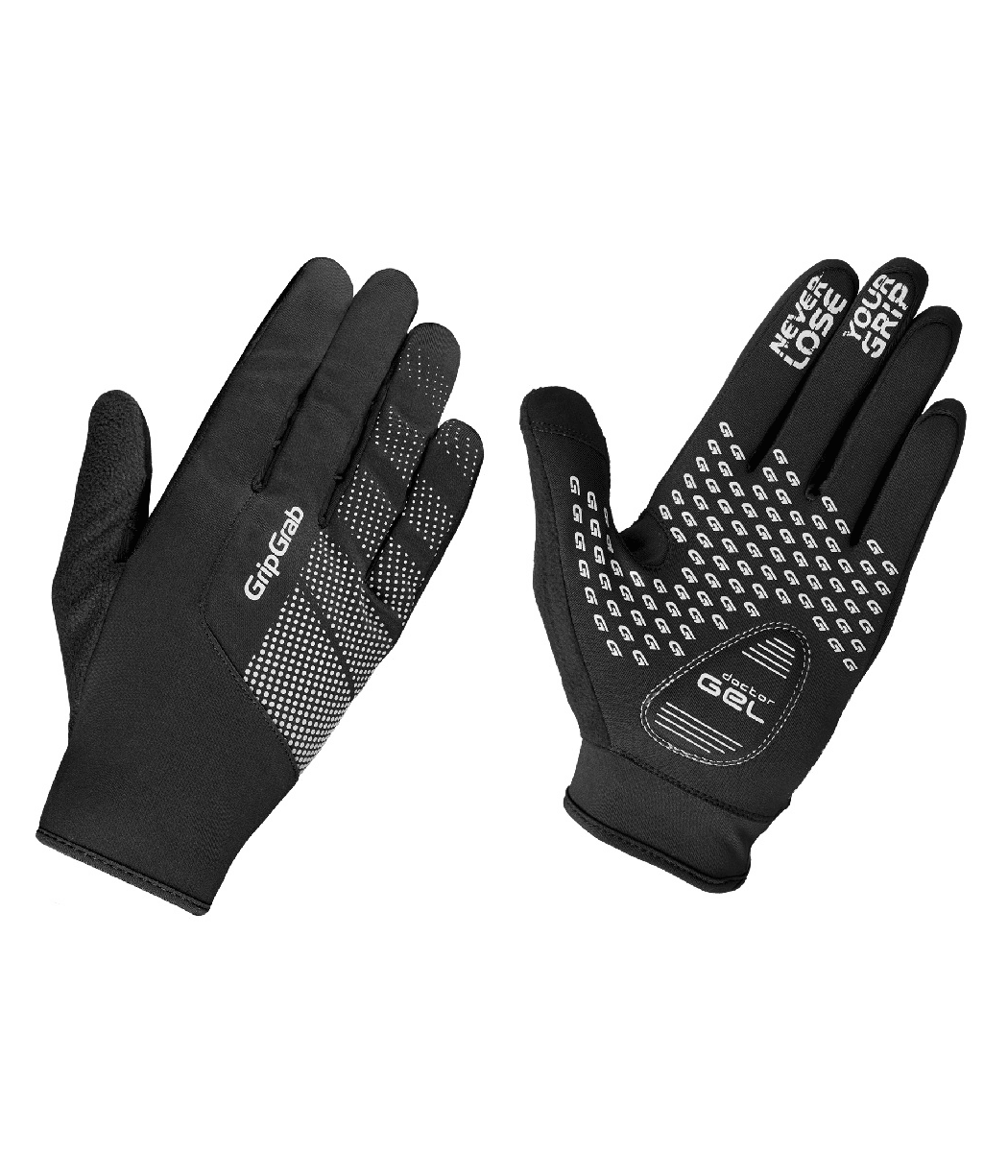 gripgrab-ride-windproof-handske.png Grip Grab Ride Windproof handske är ett par svarta helfingrade cykelhandskar med greppmönster och text på handflatorna och fingrarna, på bilden visar ena handsken handflatan och den andra baksidan.
