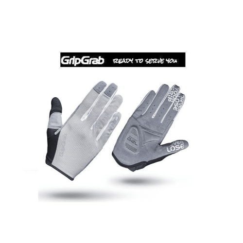 Här visas två grå GripGrab Shark damhandske cykelhandskar - den ena med gelvadderad handflata och texten "GRIP GRAB NEVER LOSE", den andra med ryggen synlig. Ovanför finns logotypen: "GripGrab redo att tjäna dig.