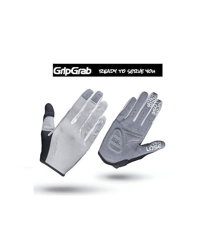 gripgrab-shark-damhandske.png Här visas två grå GripGrab Shark damhandske cykelhandskar - den ena med gelvadderad handflata och texten "GRIP GRAB NEVER LOSE", den andra med ryggen synlig. Ovanför finns logotypen: "GripGrab redo att tjäna dig.