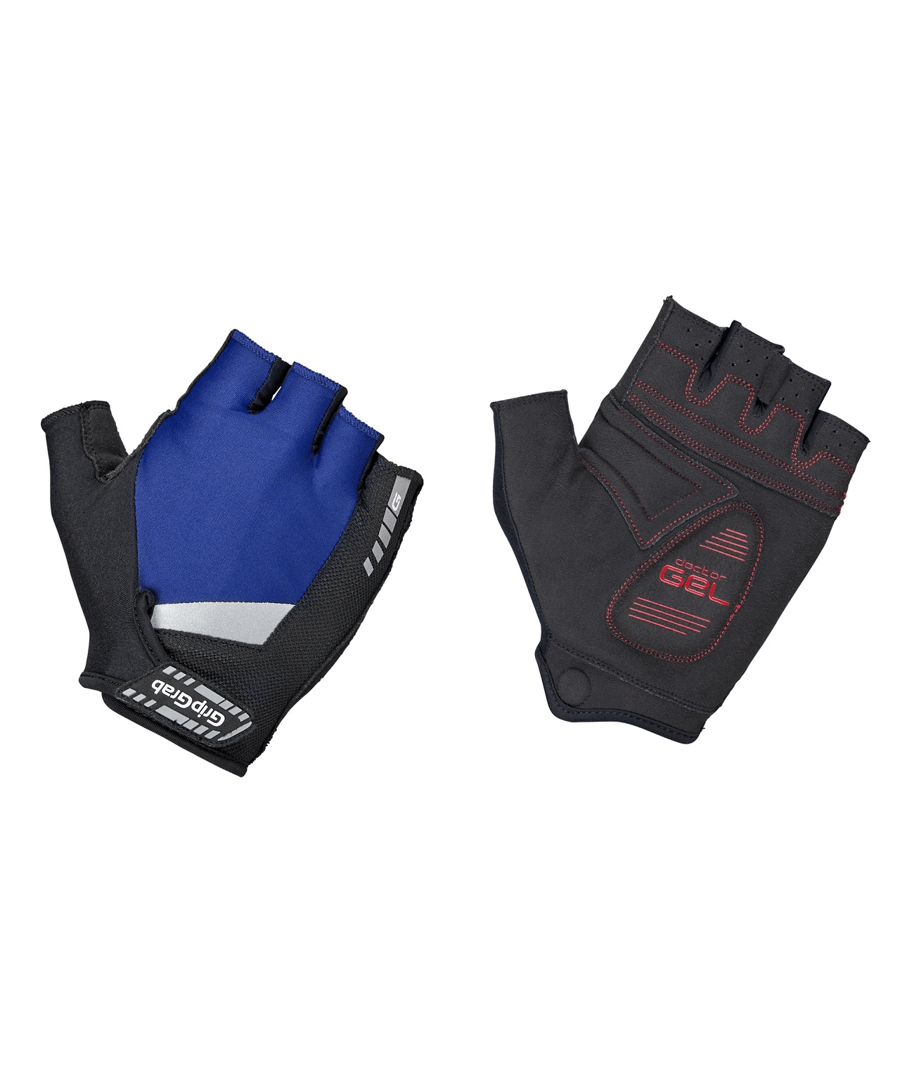 gripgrab-super-gel-hanske-bla.png Ett par GripGrab SuperGel fingerlösa cykelhandskar; vänster handske är blå och svart med grå accenter, höger handske är svart med röda sömmar och gelvaddering. Båda handskarna visas med handflatan uppåt.
