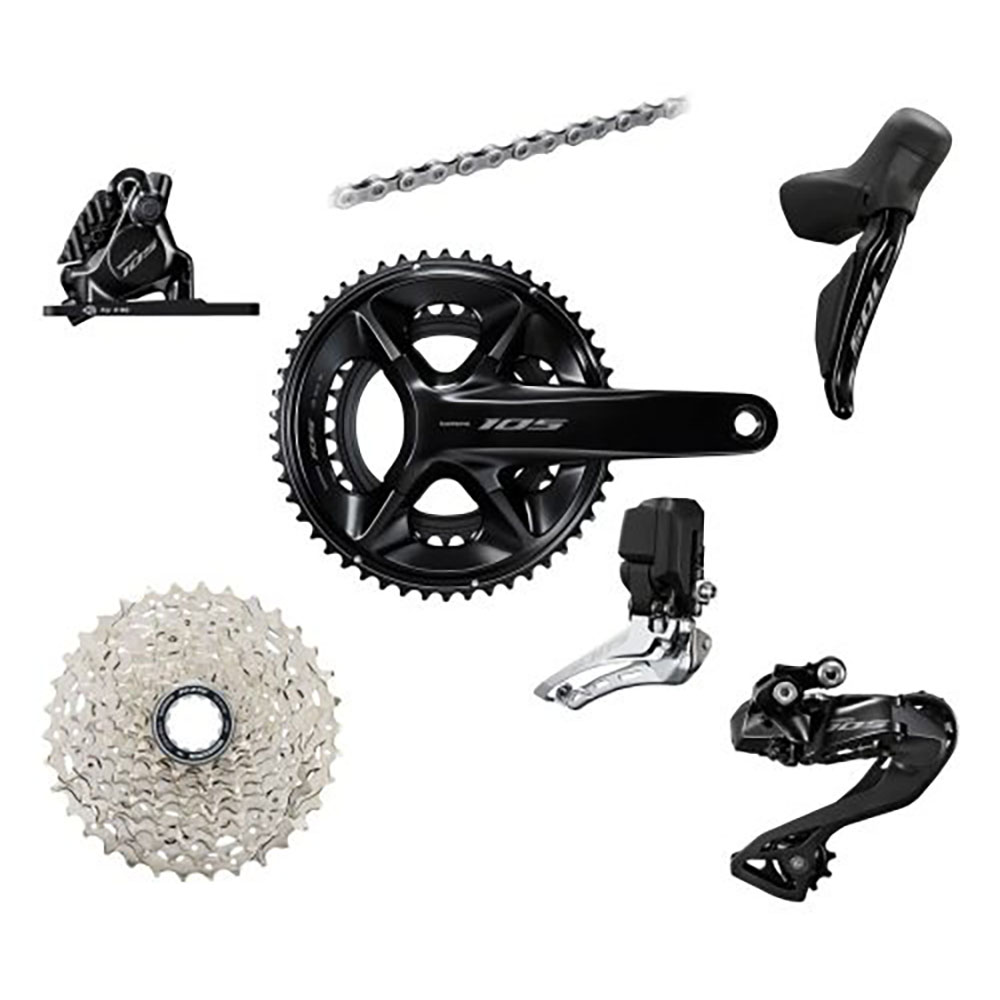groupset-r7100-105-Di2-disc-500x500 (kopia) Shimano 105 Di2 R7100 Disc gruppset, 2x12s, visas på vit bakgrund.