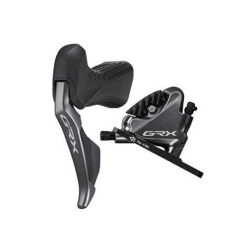 Shimano GRX Di2 BL-RX815 skivbromsset fram och bak, 2x11s, visas i detalj. Neutral bakgrund lyfter fram de grå komponenterna och texten 'GRX'. Studiobelysning framhäver den tekniska designen.