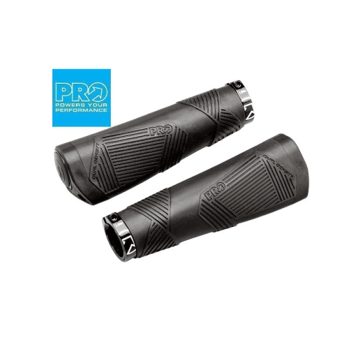 Två ergonomiska PRO Dual Density handtag visas i studioljus. Handtagen är svarta med "PRO" loggan synlig. De är designade för cyklar och ger bra grepp och komfort.