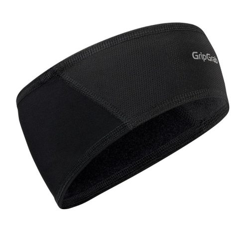 GripGrab Headband Windster är ett svart sportpannband med meshpaneler och en vit GripGrab-logotyp på ena sidan, mot en vit bakgrund.