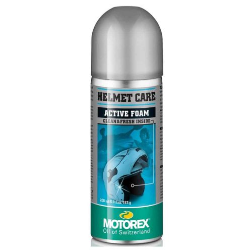En 200 ml burk Hjälmrengöring Motorex Helmet Care med silverlock och en etikett med en motorcykelhjälm och produktinformation på framsidan.