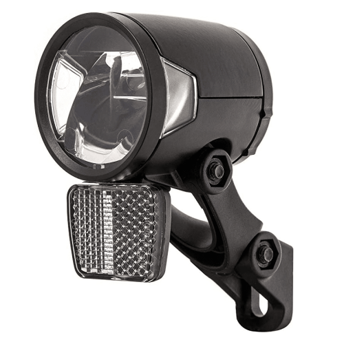 Framlampa Herrmans H-Black MR8 är en svart dynamodriven cykelstrålkastare med klar lins, integrerad rektangulär reflektor och fäste som fästs med två bultar, som ger 180 lumen.