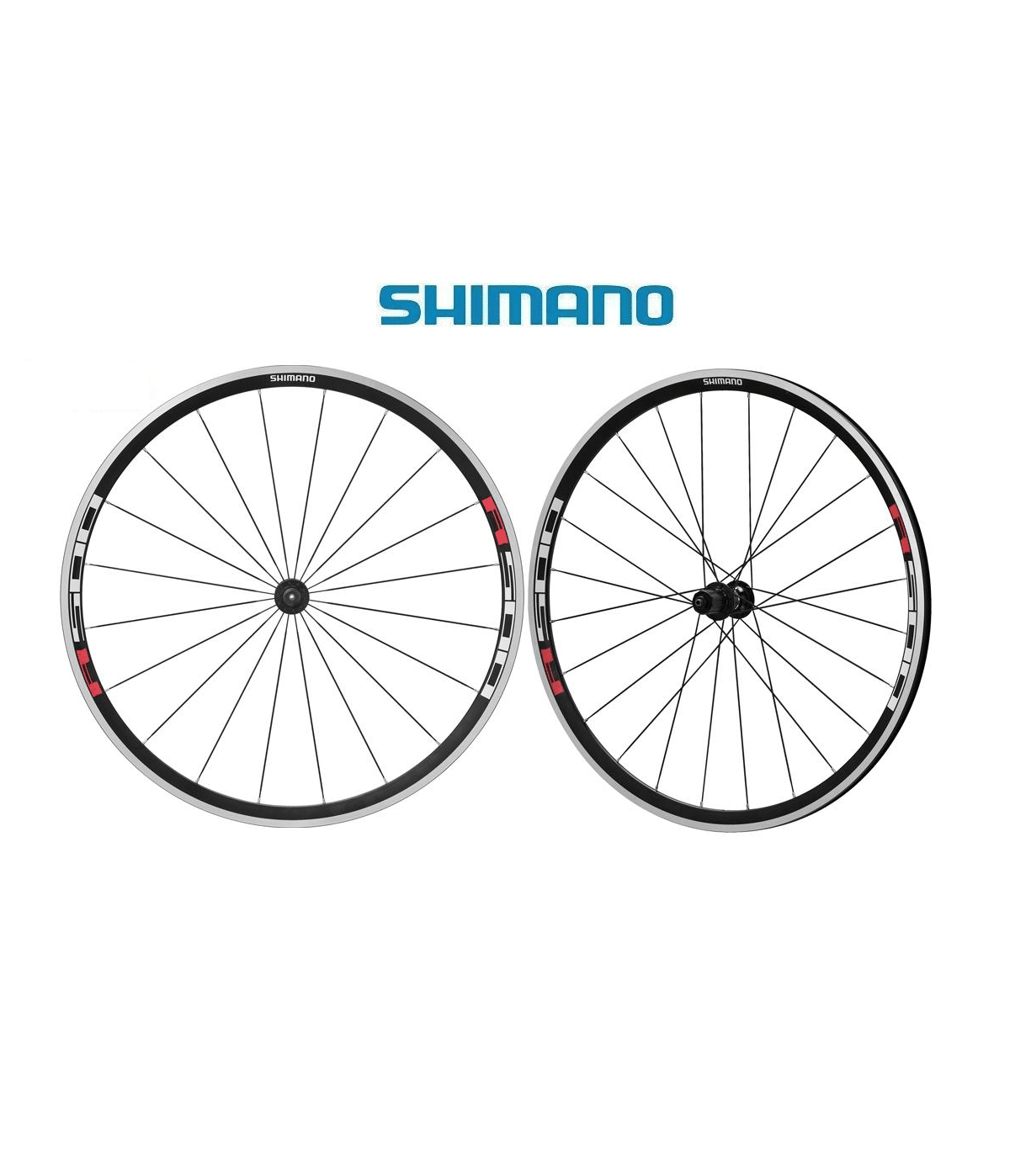 hjulpar-shimano-wh-rs501.png Två Shimano WH-R501 hjul, ett par, i en studiofotografering. Hjulens svarta ekrar och vita fälgar framhävs av ett jämnt och mjukt ljus med Shimano-logotypen ovan.