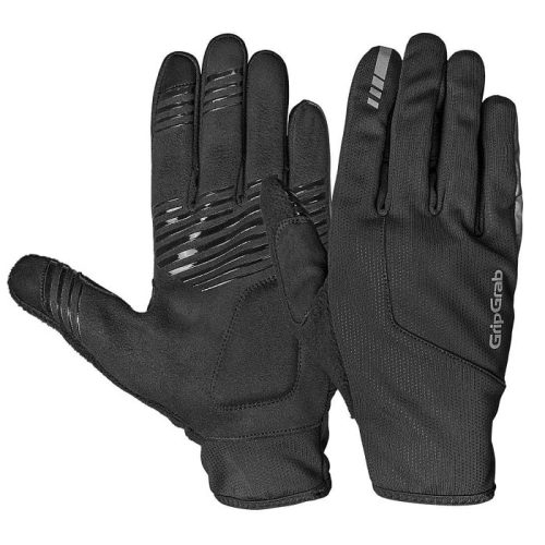 GripGrab Hurricane 2 Windproof Midseason Gloves visas i svart, där den ena handsken visar handflatans texturerade grepp och förstärkta områden, medan den andra visar baksidan.