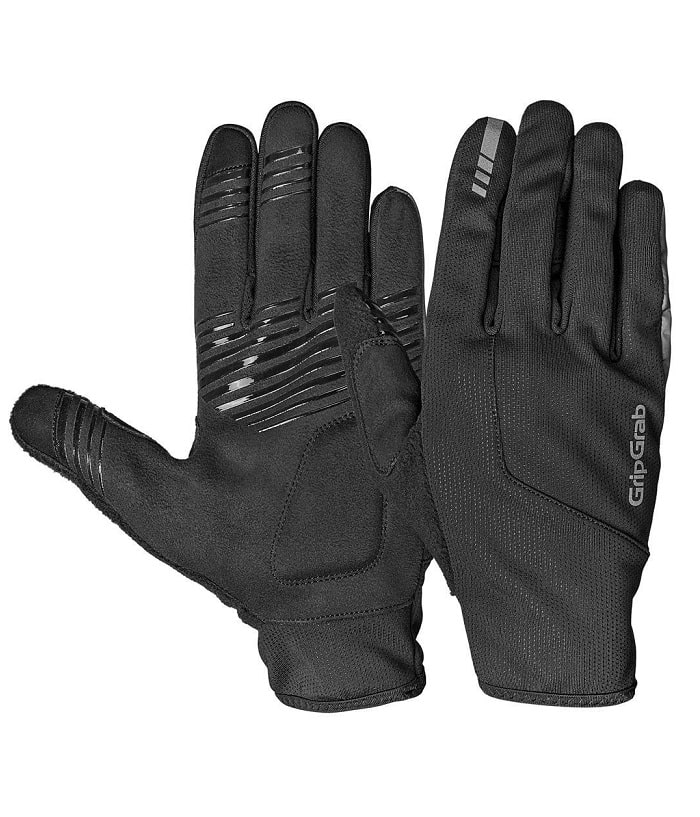hurricane-II.jpg GripGrab Hurricane 2 Windproof Midseason Gloves visas i svart, där den ena handsken visar handflatans texturerade grepp och förstärkta områden, medan den andra visar baksidan.