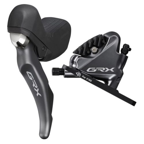 Shimano GRX ST-RX810 skivbromsset för landsvägscyklar, elegant presenterat i en studio med mjuk belysning. Fokus på detaljerna i reglagen och bromsoket, framhävda mot en ren bakgrund.