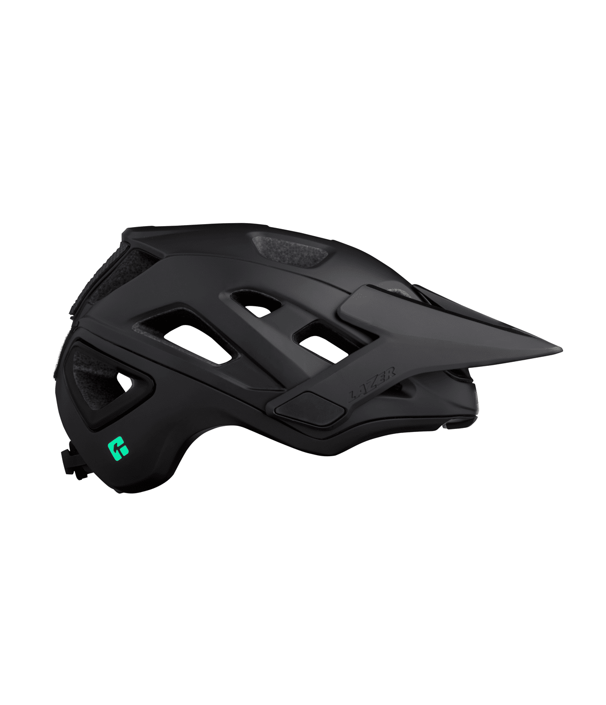 jackal-kineticore.png Hjälm Lazer Jackal KinetiCore, Svart visas i mattsvart med flera ventilationsöppningar, ett främre visir och en liten grön logotyp på undersidan. Hjälmen visas i profil mot en vit bakgrund.