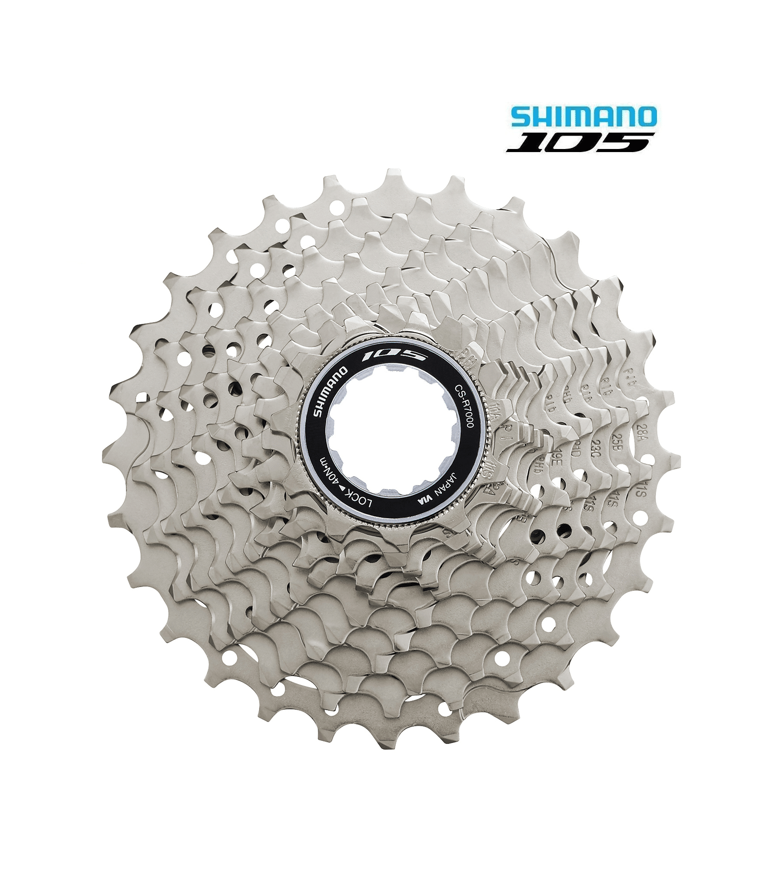 kassett-shimano-105-cs-r7000.png Silvrig Shimano 105 CS-R7000-11 kassett dominerar mot vit bakgrund, med varumärkeslogotyp och modellbeteckning tydligt exponerade. Belysningen framhäver detaljerna i kuggkransarna.