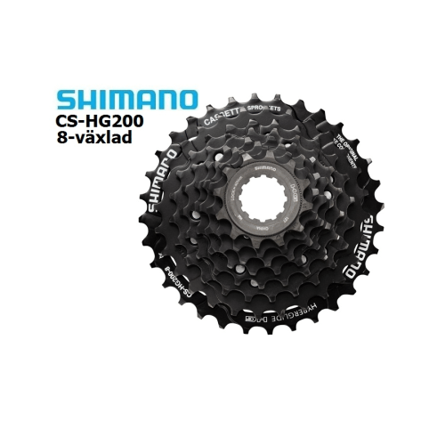 Shimano HG200 kassett för 8-växlade cyklar, visad i detalj. Belysningen framhäver kassetten mot en ren vit bakgrund. Märkningarna "Shimano" och "CS-HG200" är tydligt synliga.