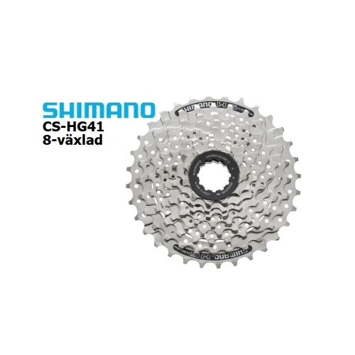 Silverfärgad Shimano CS-HG41 kassett för 8-växlat system. Delar av produktbeskrivning syns i bild. Ljuset är jämnt och detaljerna framträder tydligt.