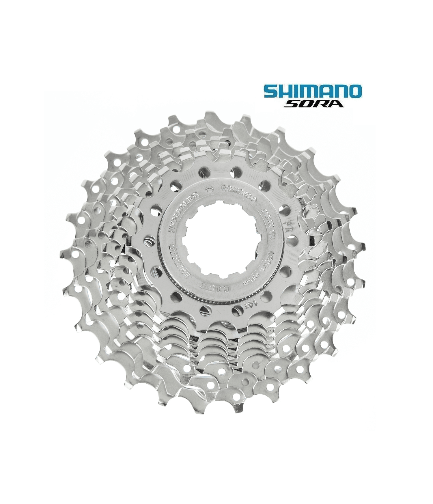 kassett-shimano-sora-cs-hg50.png Detaljerad bild av en Shimano Sora CS-HG50 kassett med 9 växlar. Den silvriga kassetten presenteras i starkt ljus med skärpa på varje kugge, framhäver dess mekaniska komplexitet.