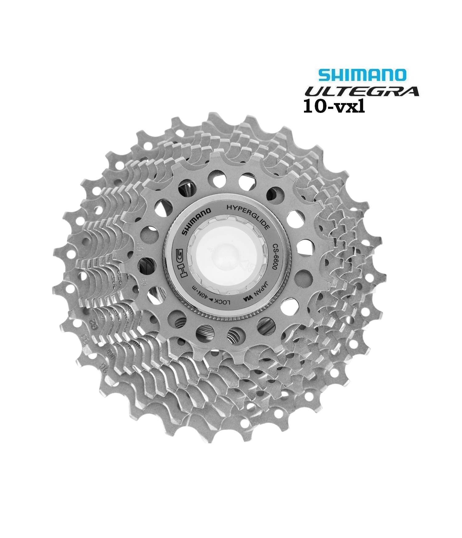 kassett-shimano-ultegra-cs-6600.png Shimano Ultegra CS-6600 kassett för 10-växlat system visas i närbild mot en vit bakgrund. Kassetten är i silverfärg och den centrala delen är markerad med Hyperglide-logotypen och Shimano-märkning.