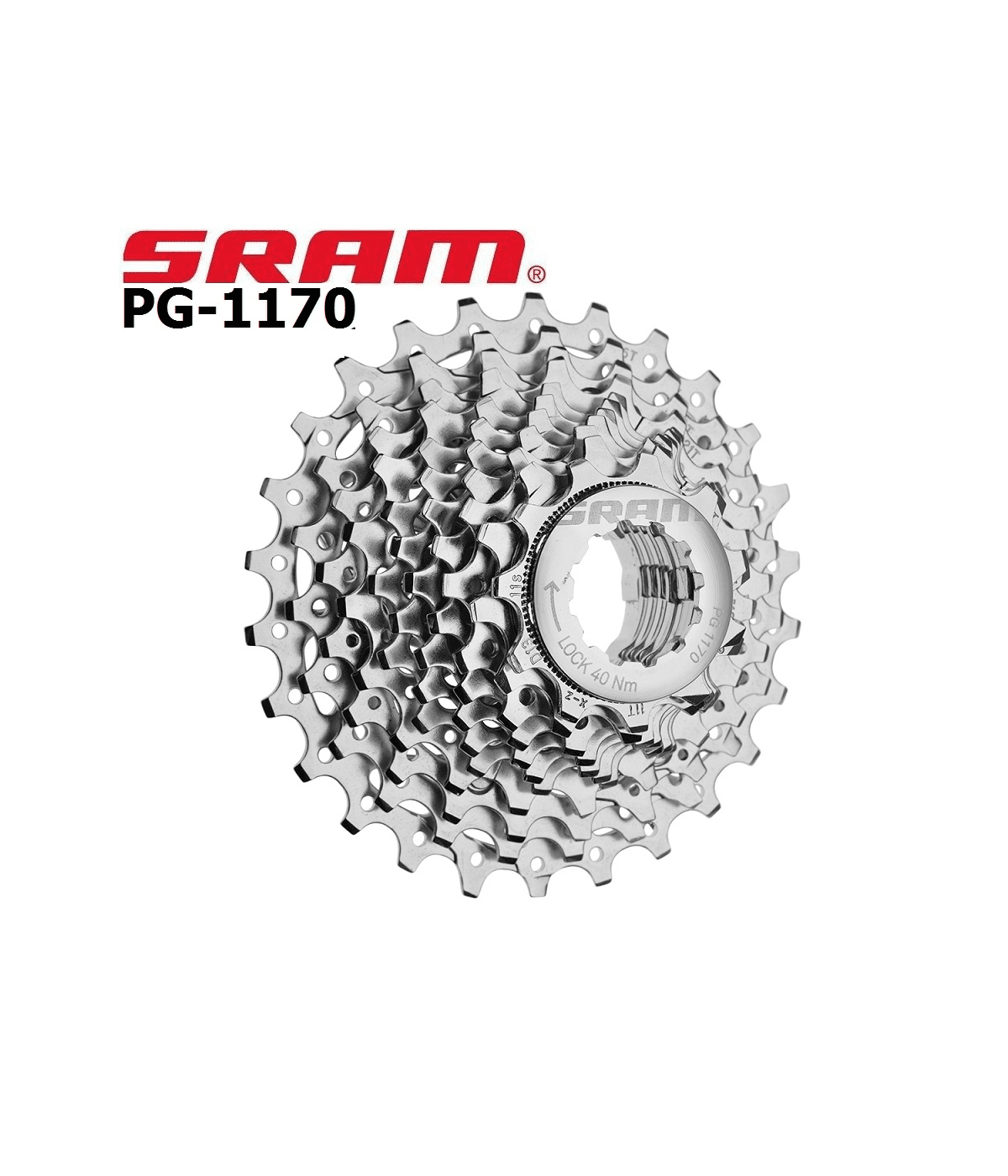 kassett-sram-pg-1170-force-22.png Närbild på en silverfärgad Sram PG-1170 Force 22 kassett. Detaljrika kugghjul i olika storlekar framträder i stark belysning. Kassettens blanka yta reflekterar ljuset, vilket skapar en ren och teknisk atmosfär.