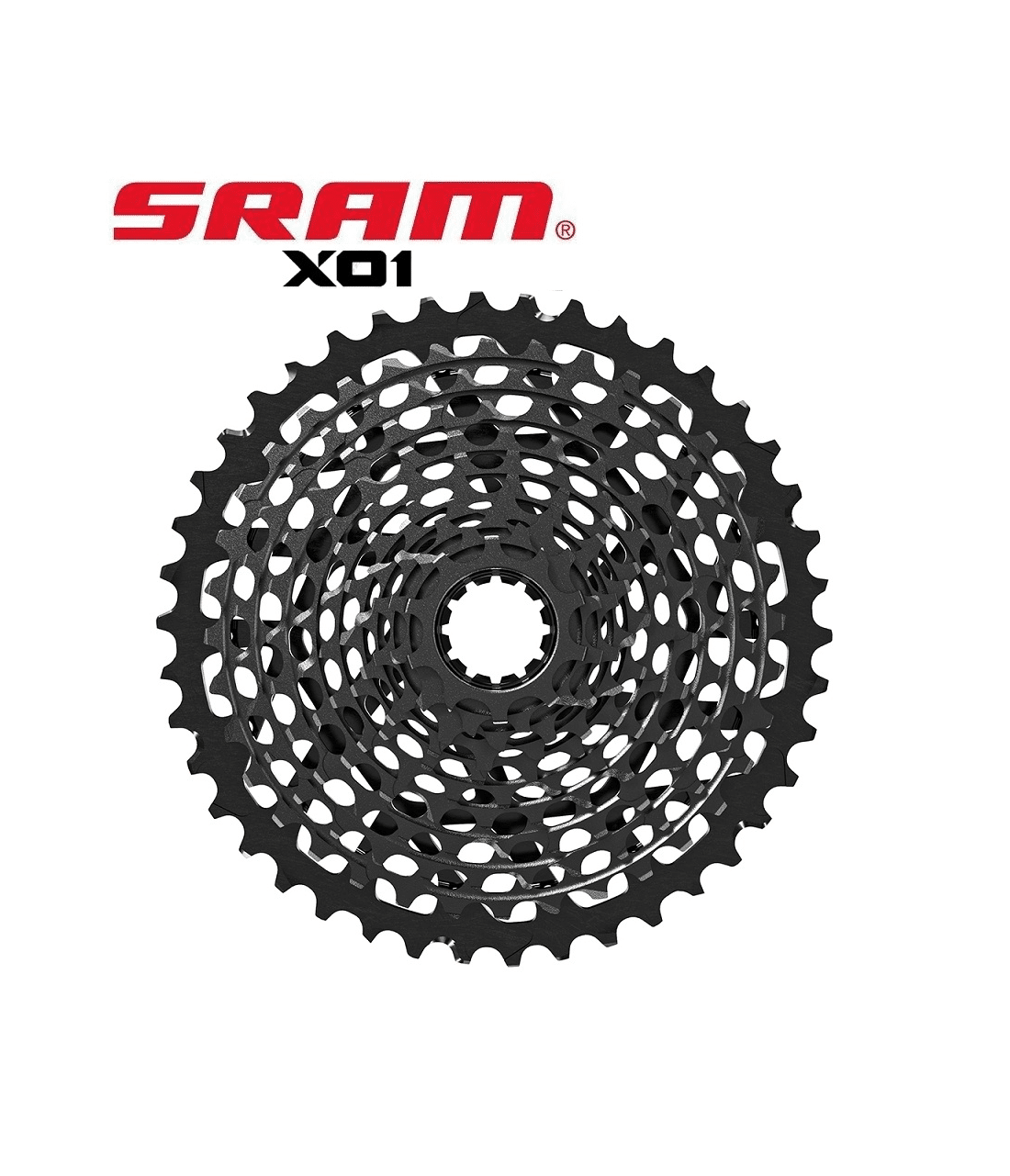 kassett-sram-x01-xg-1195.png En detaljerad bild av en Sram X01 XG-1195 11-växlad kassett. Den är svart och presenterad i bra ljus, vilket framhäver de fina detaljerna och designen. Ett intrikat mönster syns.