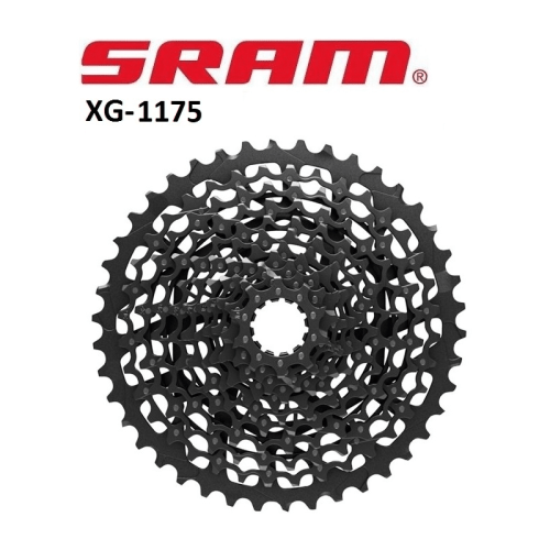 Sram GX XG-1175 kassett för 11-växlade system. Detaljrik bild med fokus på kassetten, SRAM-logotypen och produktnamnet XG-1175 syns tydligt. Neutral belysning och hög skärpa.
