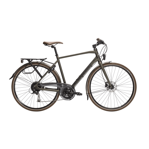 Herrcykel Crescent Kebne, 2x8s - Grön, en mörkgrön stadscykel med brun sadel och handtag, pakethållare, skärmar och flera växlar, visas i sidovy mot en vit bakgrund.