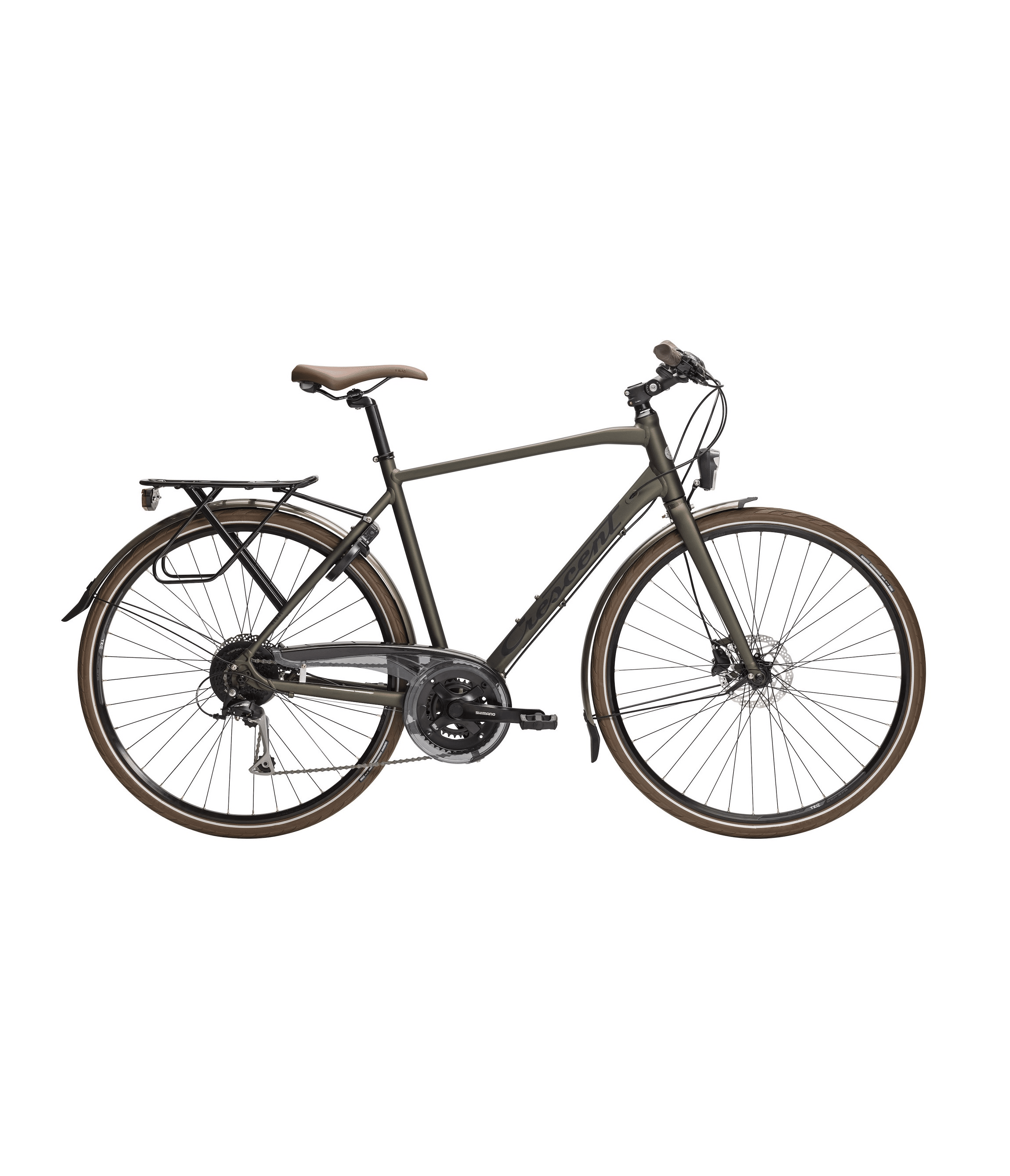 kebne-gron.png Herrcykel Crescent Kebne, 2x8s - Grön, en mörkgrön stadscykel med brun sadel och handtag, pakethållare, skärmar och flera växlar, visas i sidovy mot en vit bakgrund.