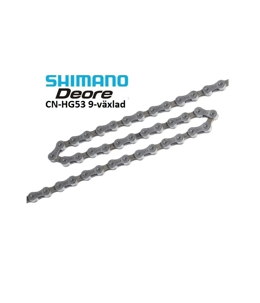 kedja-shimano-deore-cn-hg53.png En detaljerad bild av en Shimano CN-HG53 9-delad kedja, presenterad på en ljus bakgrund. Kedjan snirklar sig diagonalt genom bilden, med "SHIMANO Deore CN-HG53 9-växlad" i det övre vänstra hörnet. Jämnt och starkt ljus framhäver kedjans metalliska textur.