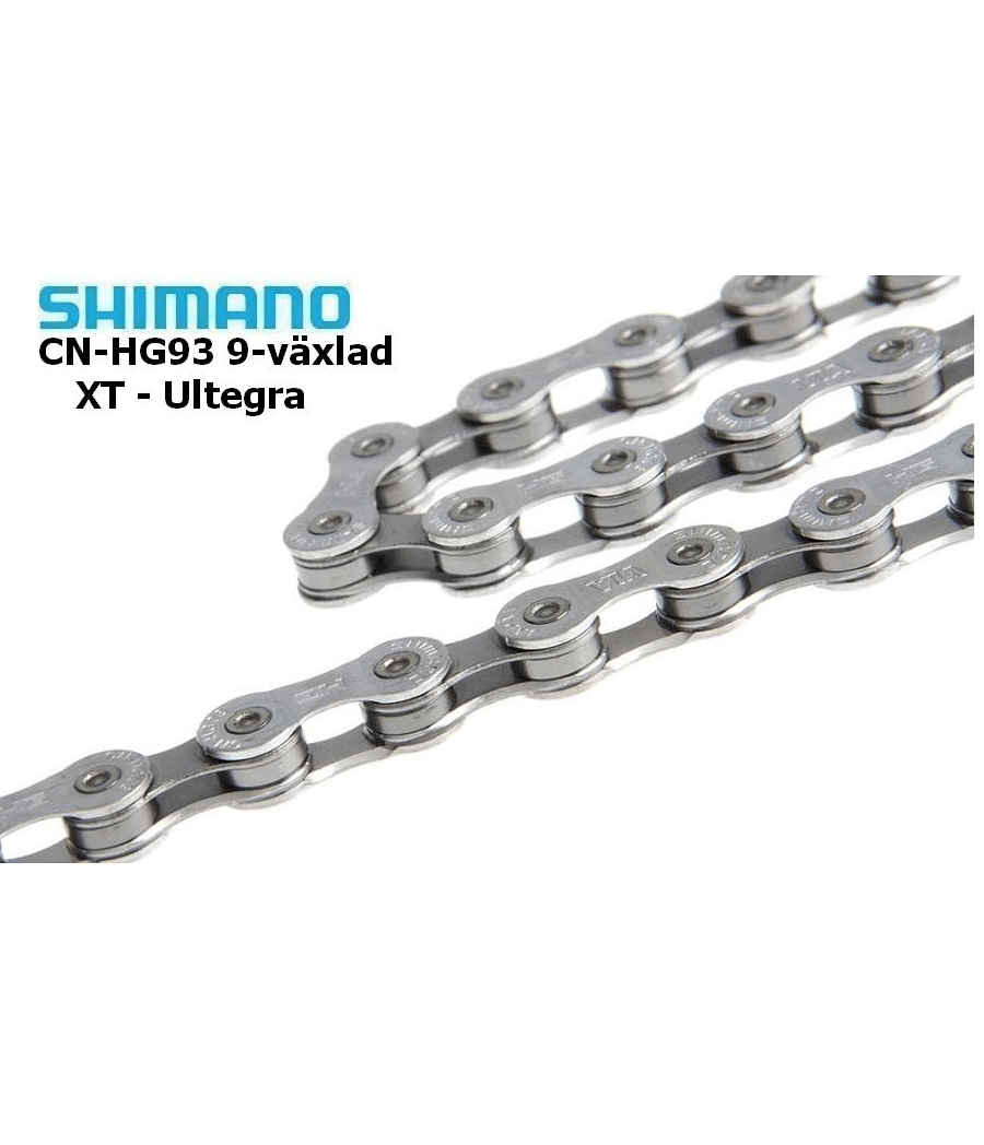 kedja-shimano-deore-cn-hg93.png Detaljerad bild av en Shimano CN-HG93 cykelkedja, 9-växlad. Silverfärgade länkar syns tydligt mot den ljusa bakgrunden. Produktens varumärke och modellnamn visas i övre vänstra hörnet.