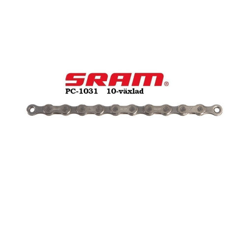 Cykeldel i silverfärg, en SRAM PC-1031 10-växlad kedja, i en studiomiljö med stark belysning. Detaljerade länkar och texten 'SRAM PC-1031 10-växlad' syns tydligt.