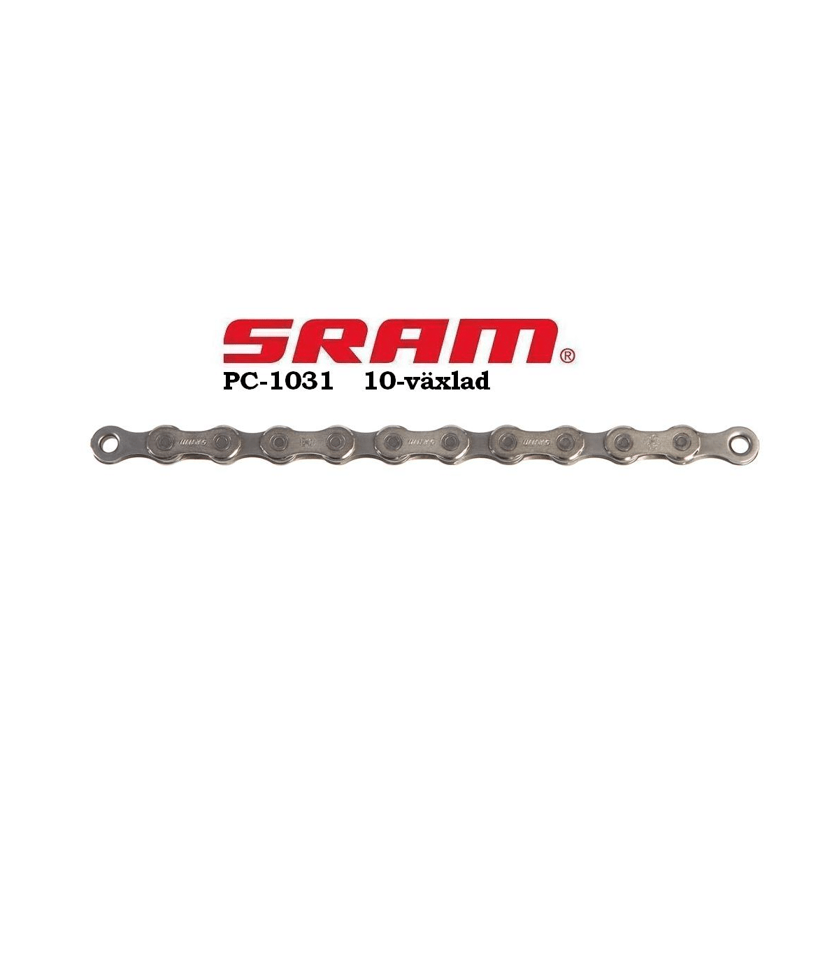 kedja-sram-pc-1031.png Cykeldel i silverfärg, en SRAM PC-1031 10-växlad kedja, i en studiomiljö med stark belysning. Detaljerade länkar och texten 'SRAM PC-1031 10-växlad' syns tydligt.