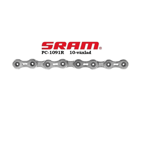 En detaljerad bild av en SRAM PC-1091R 10-växlad kedja mot en vit bakgrund. Stark belysning framhäver kedjans silverfärgade metalliska yta och de intrikata detaljerna i länkar och nitar.